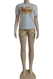 Fashion Casual Print Embroidered Letter O Neck Short Sleeve Two Pieces