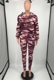 Casual Camouflage Print Letter Hooded Collar Long Sleeve Two Pieces