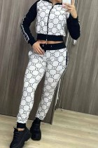 Casual Print Patchwork Letter Zipper Collar Long Sleeve Two Pieces