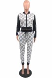 Casual Print Patchwork Letter Zipper Collar Long Sleeve Two Pieces