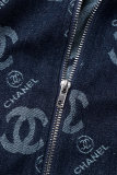 Casual Street Letter Zipper Turndown Collar Long Sleeve Denim Jacket