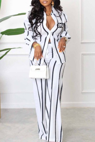 Casual Striped Print Letter Turndown Collar Long Sleeve Two Pieces