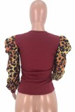 Casual Print Leopard Patchwork O Neck Tops