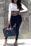 Sexy Letter Print Patchwork O Neck Long Sleeve Two Pieces