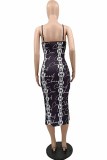 Sexy Print Letter Spaghetti Strap Wrapped Skirt Dresses