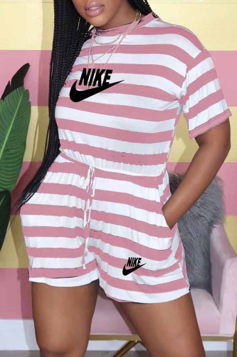 Casual Striped Print Letter O Neck Rompers