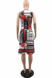 Sexy Letter Print Patchwork Slit O Neck Wrapped Skirt Dresses