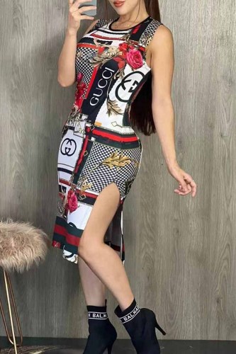 Sexy Letter Print Patchwork Slit O Neck Wrapped Skirt Dresses
