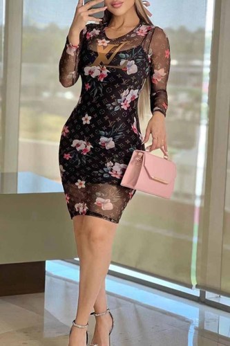 Sexy Print Letter O Neck One Step Skirt Dresses