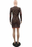 Sexy Print See-through Letter O Neck One Step Skirt Dresses
