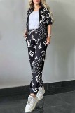 Casual Print Letter Mandarin Collar Short Sleeve Two Pieces