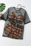 Sexy Character Print Letter O Neck Short Sleeve Three Pieces