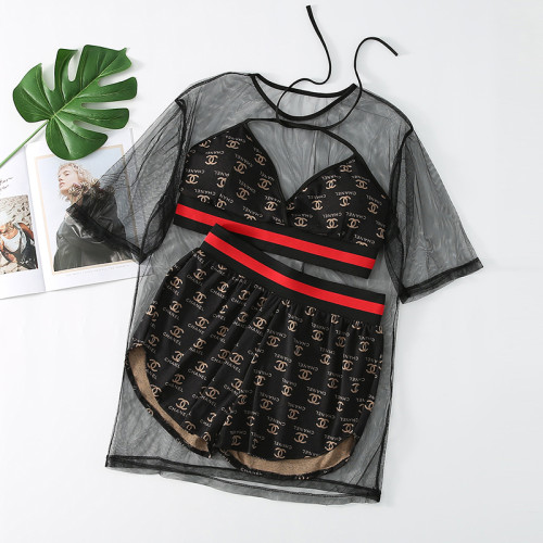Sexy Letter Bandage See-through O Neck Short Sleeve Three Pieces