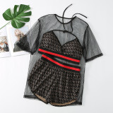 Sexy Letter Print Bandage See-through O Neck Short Sleeve Three Pieces