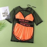 Sexy Sportswear Letter Bandage See-through O Neck Short Sleeve Three Pieces