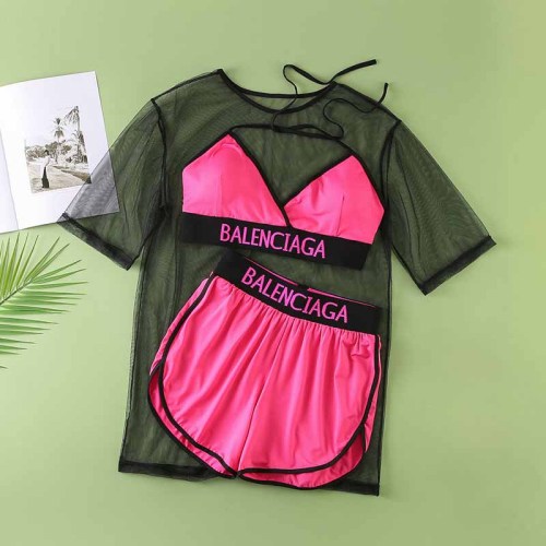 Sexy Sportswear Letter Bandage See-through O Neck Short Sleeve Three Pieces