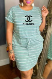 Casual Striped Print Letter O Neck One Step Skirt Plus Size Dresses