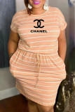 Casual Striped Print Letter O Neck One Step Skirt Plus Size Dresses