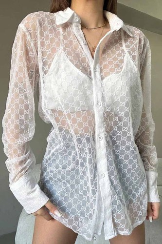 Casual Letter See-through Turndown Collar Tops