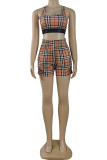 Casual Plaid Patchwork U Neck Sleeveless Two Pieces