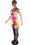 Sexy Street Print Tie Dye Backless Letter Spaghetti Strap Jumpsuits