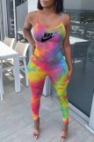 Sexy Street Print Tie Dye Backless Letter Spaghetti Strap Jumpsuits