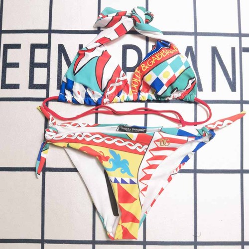 Sexy Vacation Print Patchwork Frenulum Letter Swimwears