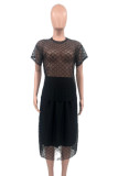 Elegant Print Patchwork See-through O Neck Short Sleeve Two Pieces