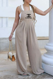 Casual Letter Print Ruched Square Neck Loose Jumpsuits