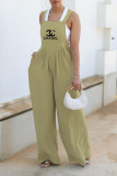 Casual Letter Print Ruched Square Neck Loose Jumpsuits