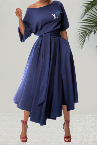 Daily Elegant Letter Print Pocket Lace Up Sloping Shoulder Irregular Short Sleeve Dress