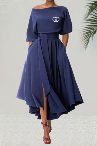 Elegant Letter Print Pocket Lace Up Sloping Shoulder Irregular Short Sleeve Dress