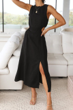 Casual Solid Hollowed Out O Neck Waist Skirt Dresses