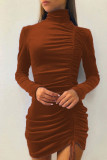 Sexy Elegant Solid Draw String Half A Turtleneck Wrapped Skirt Dresses