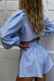 Fashion Plaid Patchwork Turndown Collar Long Sleeve Two Pieces