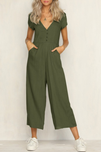 Casual Solid Patchwork V Neck Boot Cut Jumpsuits
