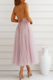 Casual Solid Mesh V Neck Cake Skirt Dresses
