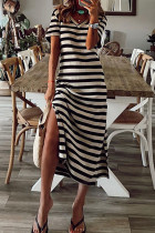 Casual Striped Print Patchwork Slit V Neck Straight Dresses