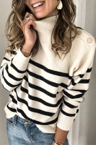 Casual Striped Buckle Turtleneck Tops