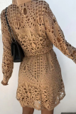 Casual Solid Lace Turndown Collar Waist Skirt Dresses