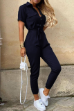 Casual Solid Buckle With Belt Turndown Collar Jumpsuits