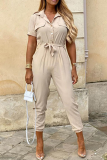 Casual Solid Buckle With Belt Turndown Collar Jumpsuits