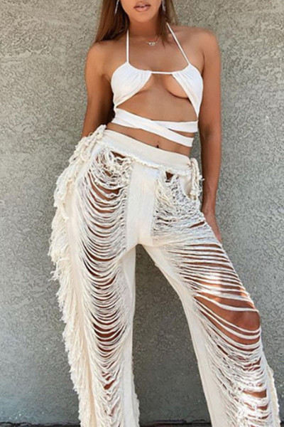 Sexy Solid Tassel Hollowed Out Patchwork Straight High Waist Straight Solid Color Bottoms