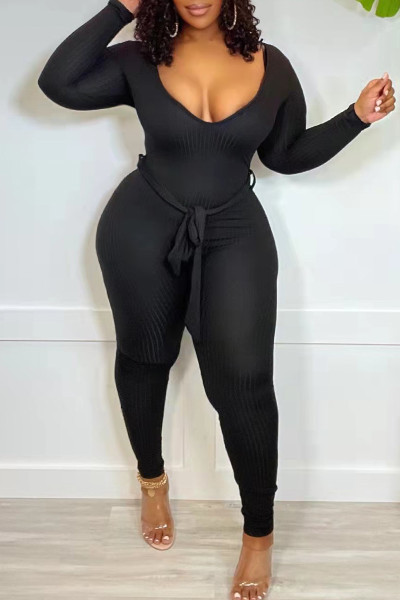 Fashion Casual Solid Basic V Neck Skinny Jumpsuits