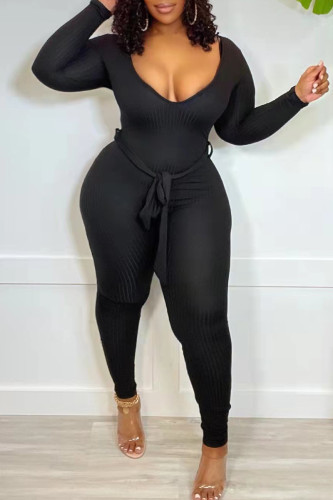 Fashion Casual Solid Basic V Neck Skinny Jumpsuits