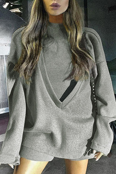 Sexy Solid Split Joint V Neck Long Sleeve Two Pieces