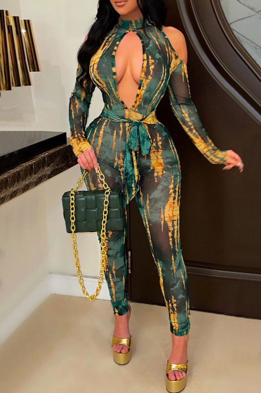 Fashion Sexy Print Hollowed Out See-through Turtleneck Skinny Jumpsuits