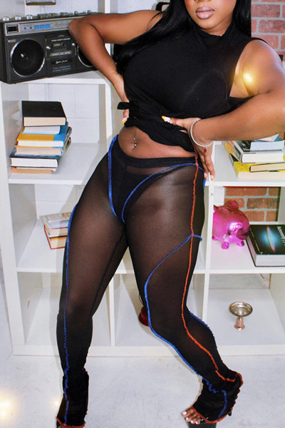 Sexy Solid Patchwork See-through Regular High Waist Pencil Solid Color Bottoms