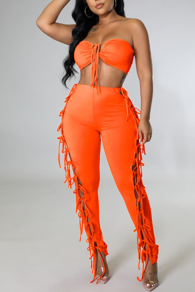 Sexy Solid Hollowed Out Split Joint Frenulum Strapless Sleeveless Two Pieces