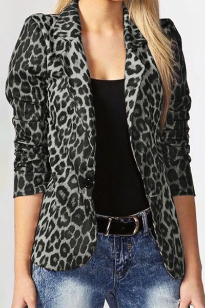 Casual Leopard Patchwork Turndown Collar Outerwear